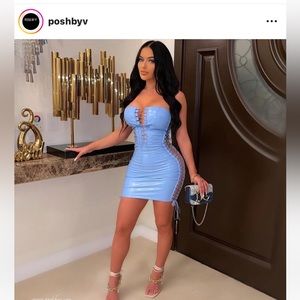 Latex blue strappless mini dress